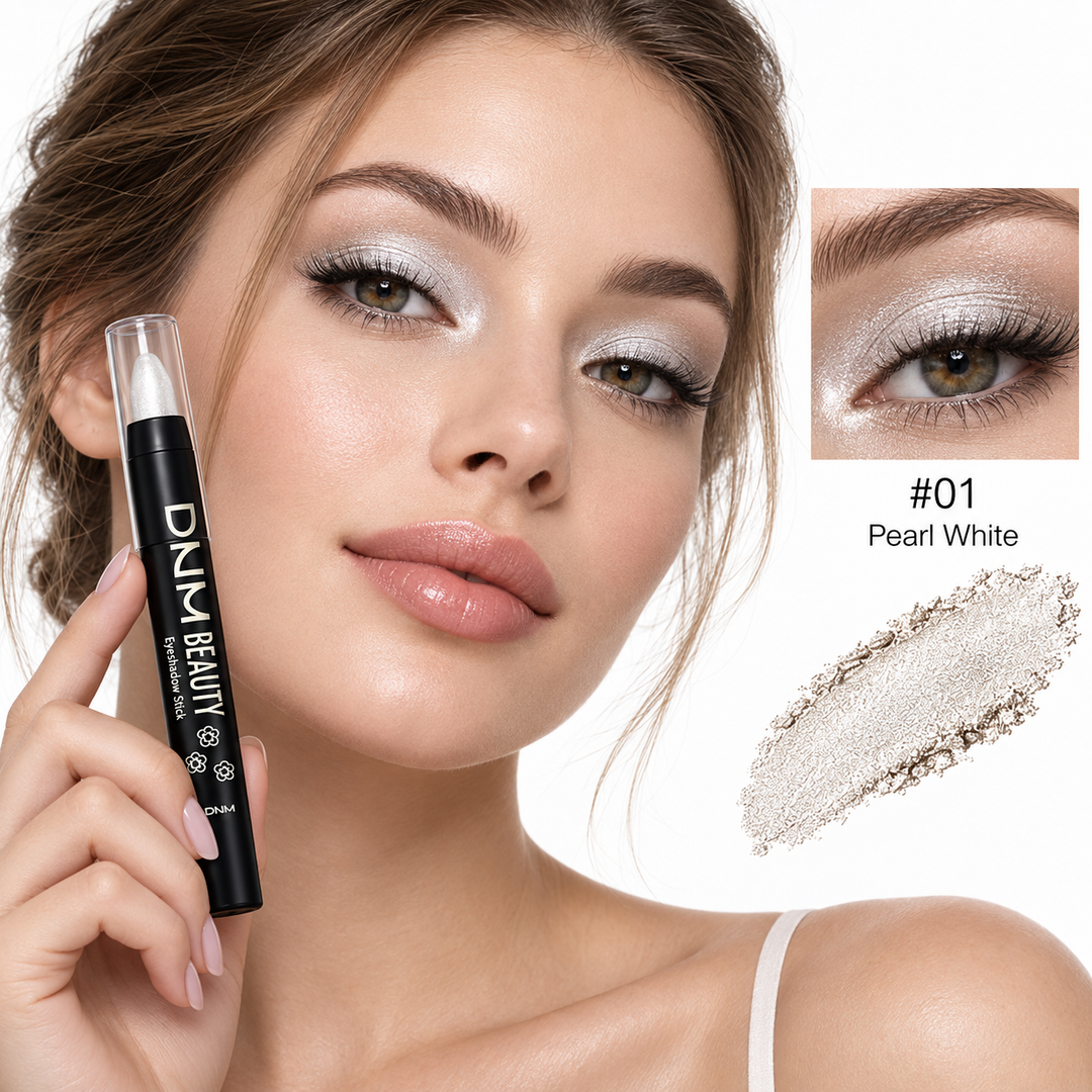 Pearl White shade 01 eyeshadow stick with pearlescent swatch and eye makeup look.