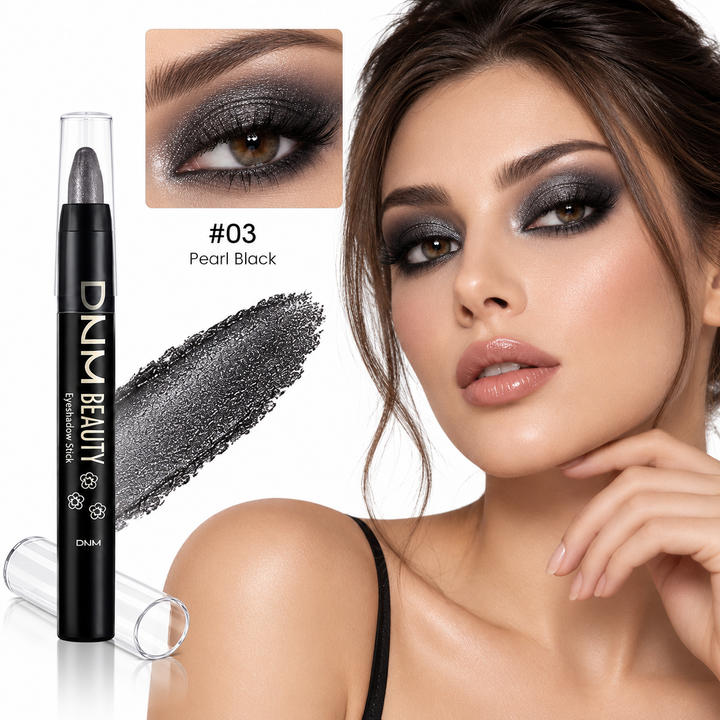 Pearl Black shade 03 eyeshadow stick with dark pearlescent swatch and eye makeup look.