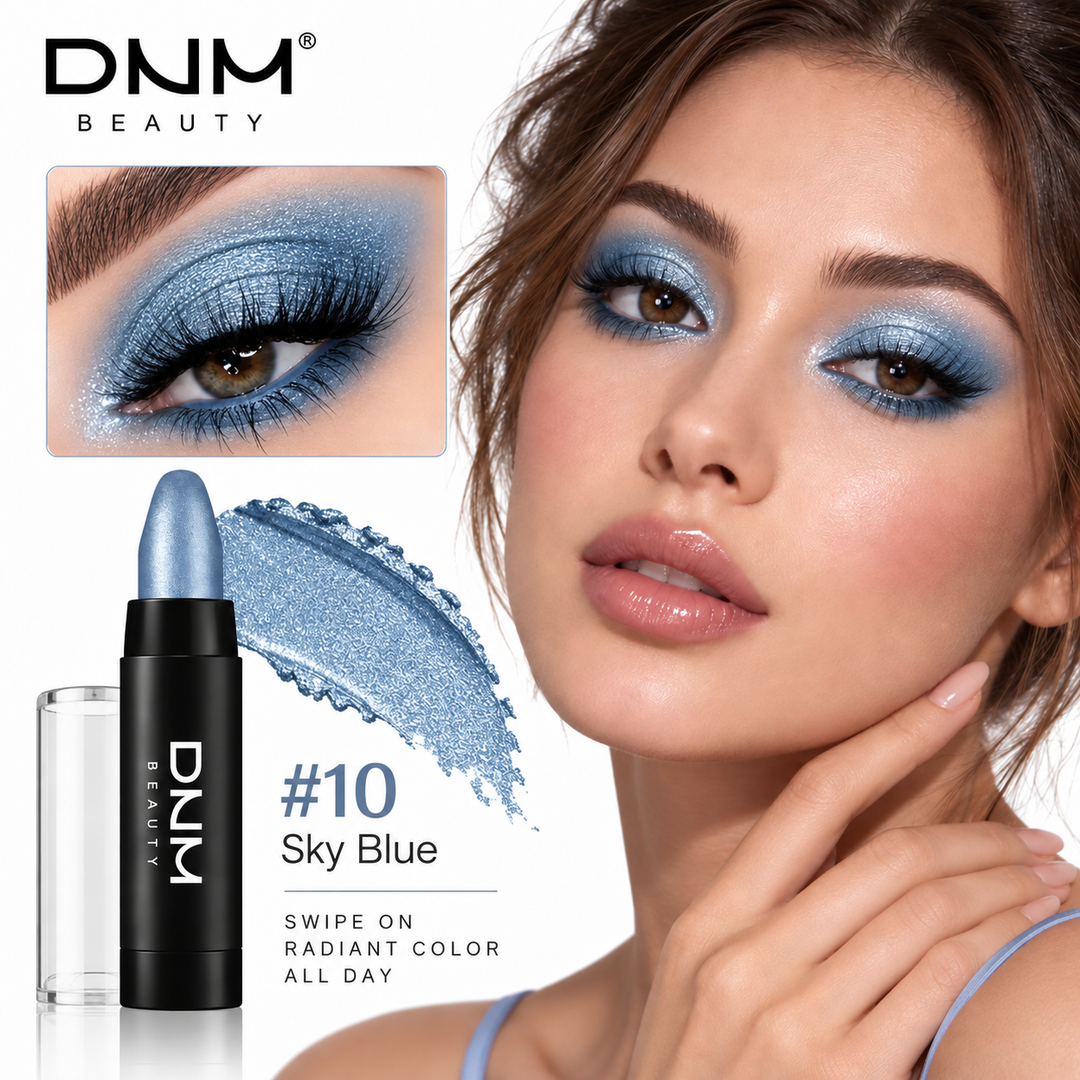 Sky Blue shade 10 eyeshadow stick with light blue pearlescent swatch and eye makeup look.