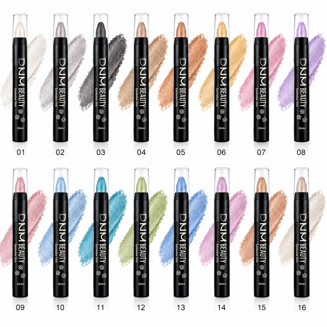 Sixteen numbered pearlescent eyeshadow sticks arranged in a product shade grid on a white background.