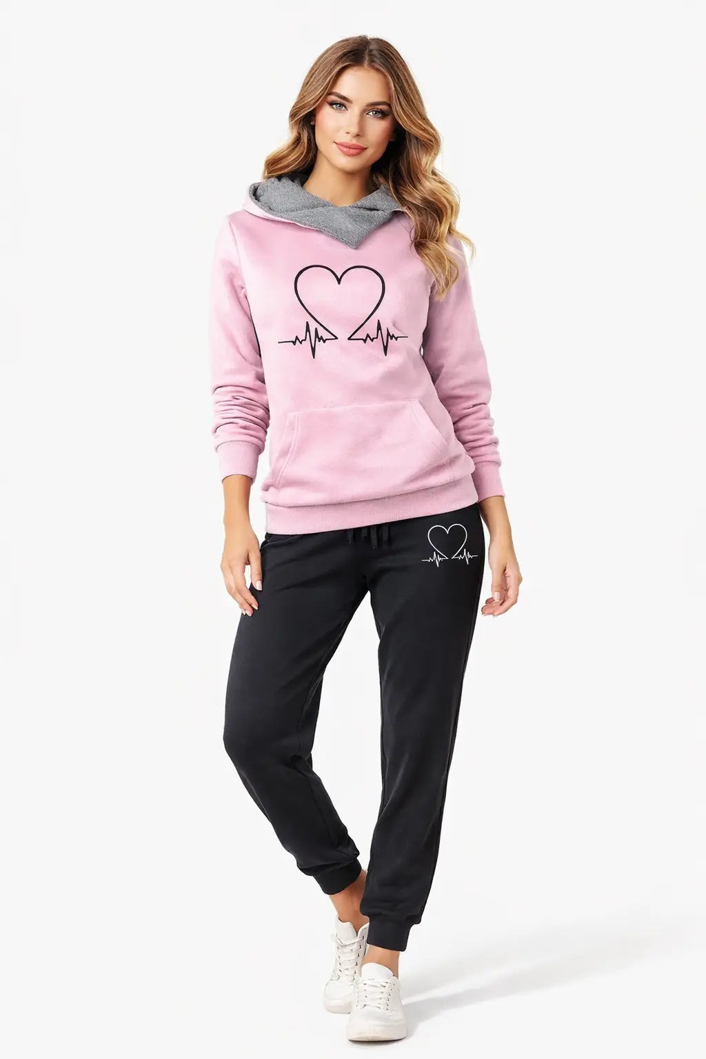women's love heart printed sports suit close detail of heart print on chest of hooded sweatshirt top in soft gray fabric highlighting premium polyester hand feel and refined finish