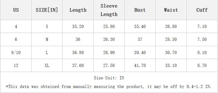 Table displaying clothing size chart with measurements in inches Women&
