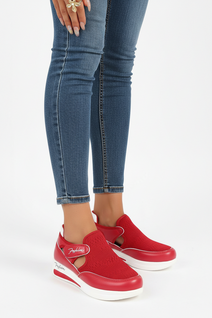 red mesh velcro shoes women side view