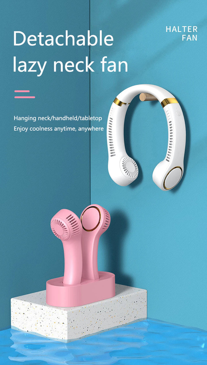 Detachable neck fan with pink handheld model on a blue background