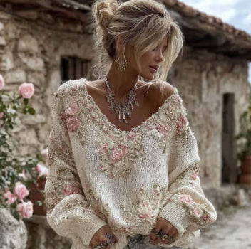 autumn winter women pullover sweater with v neck on stylish European model soft luxury street fashion look