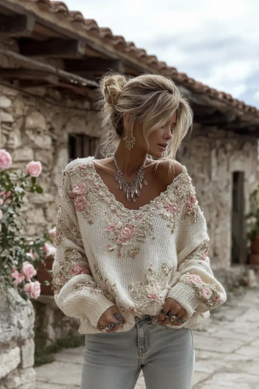 women v neck pullover sweater relaxed fit styled with jeans luxury street fashion editorial advertising