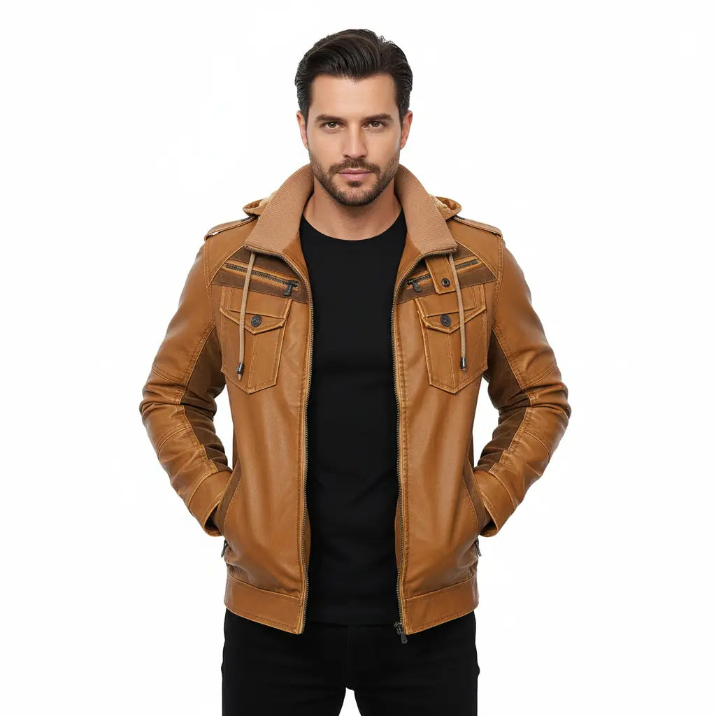 U leather jacket men fleece lined interior texture detail