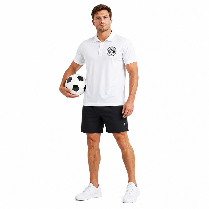Men athletic polo shirt in white with soccer badge print, lapel collar, short sleeves and quick dry fabric for daily wear now