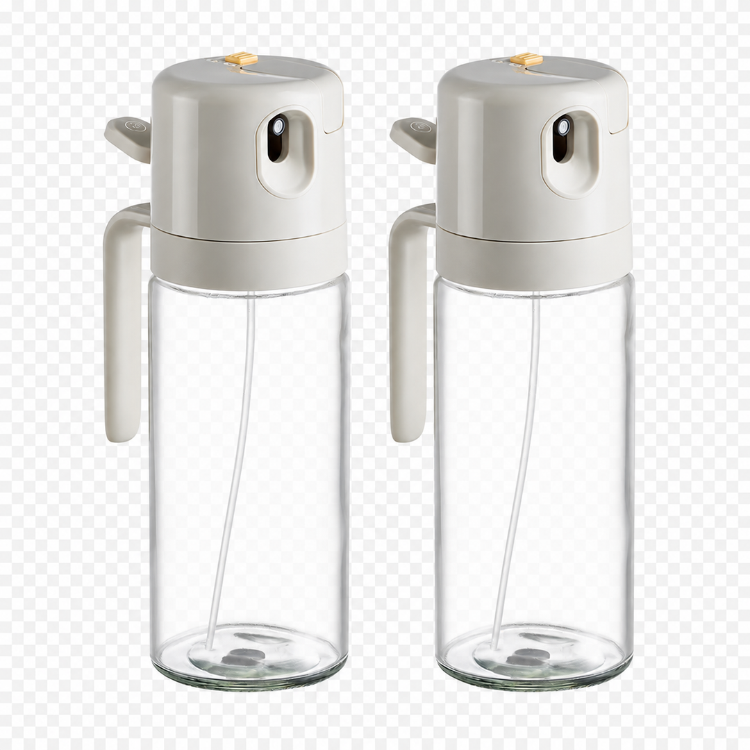 Kitchen oil mister bottle with wide angle spray nozzle for olive oil, vinegar, sauces, BBQ prep, roasting and salad dressing.