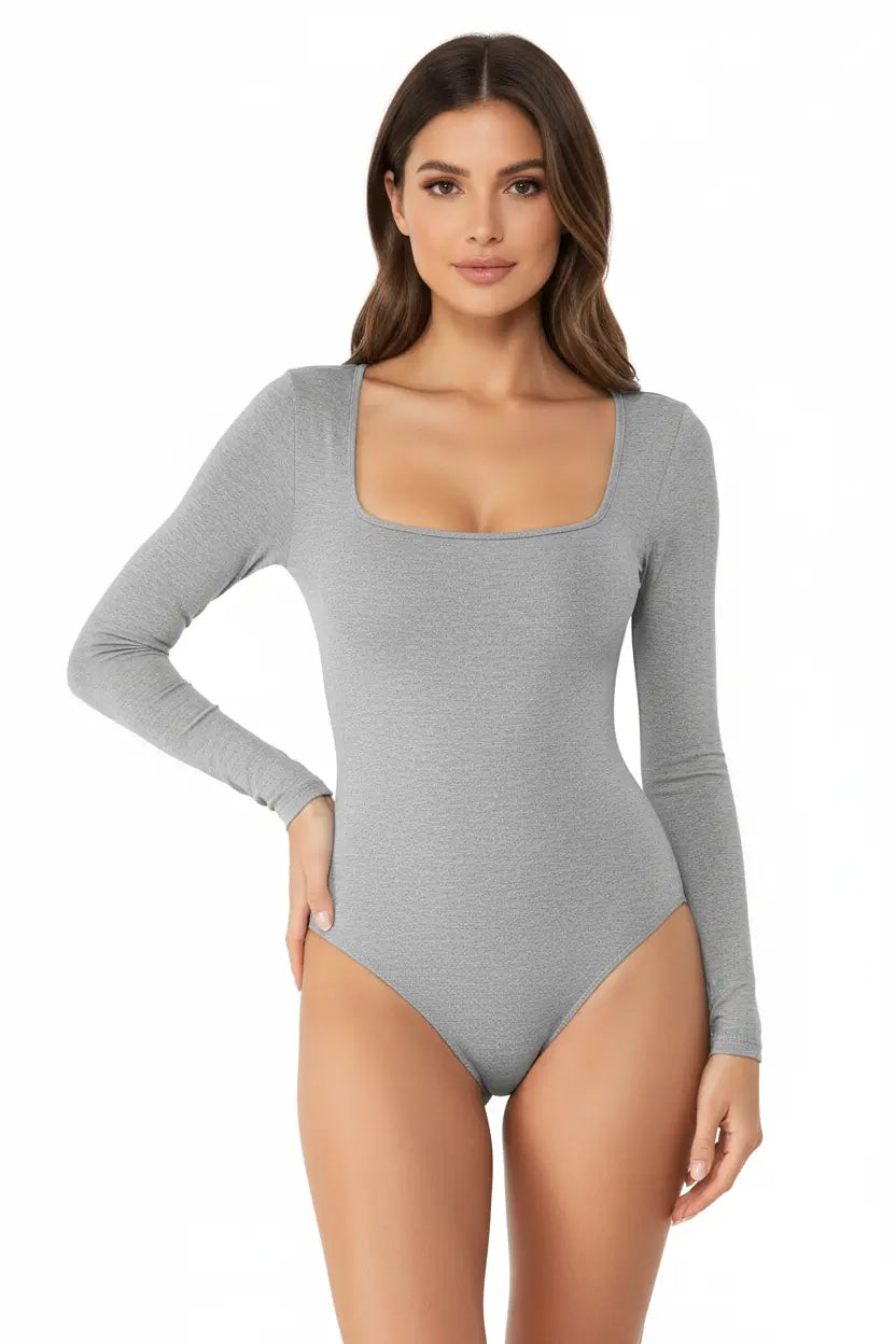 Sculpting square neckline bodysuit long sleeve tummy control shapewear in stretch fabric for refined layering