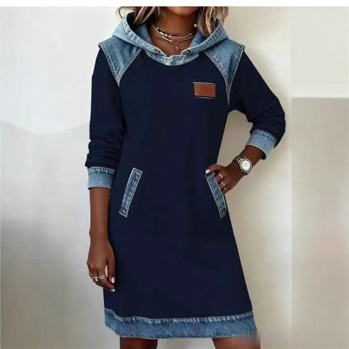 Denim Color Matching Ladies Hoodie Skirt Set Style Elite