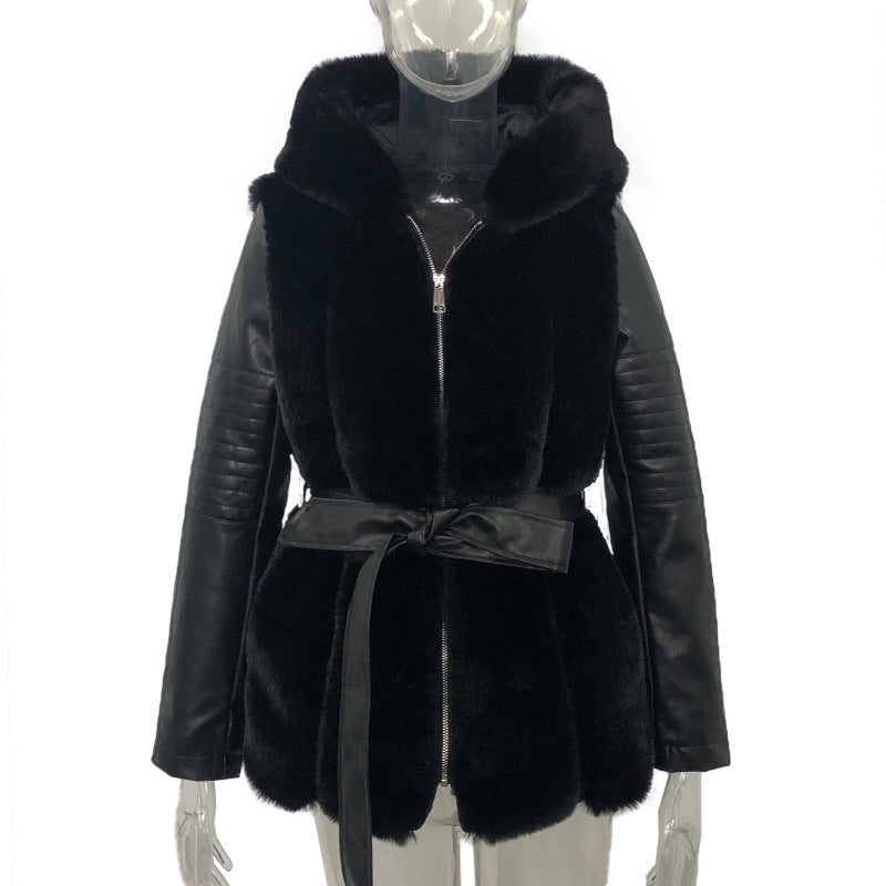 Hooded faux fur coat in gray with modern zip front design