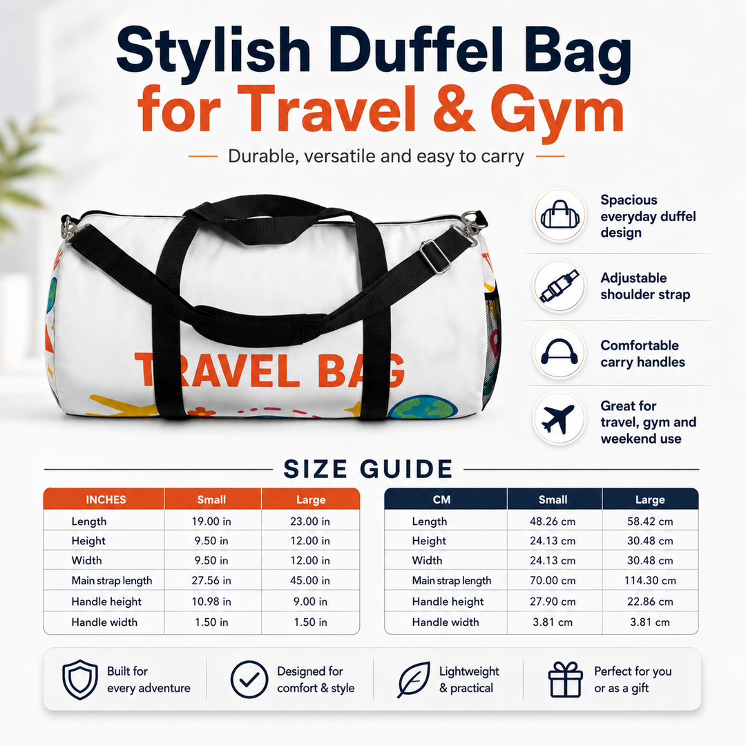 Travel duffel bag product view showing the zippered main section, carry handles, and adjustable shoulder strap for daily use.