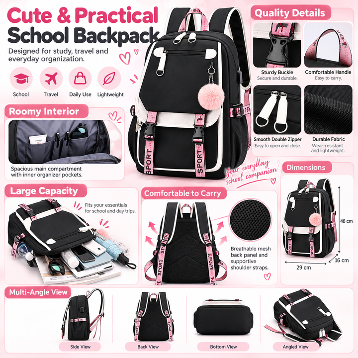 A promotional infographic for a black and pink school backpack, showing the main backpack from multiple angles, interior pockets, zipper detail, dimensions, and feature callouts on a light pink background.