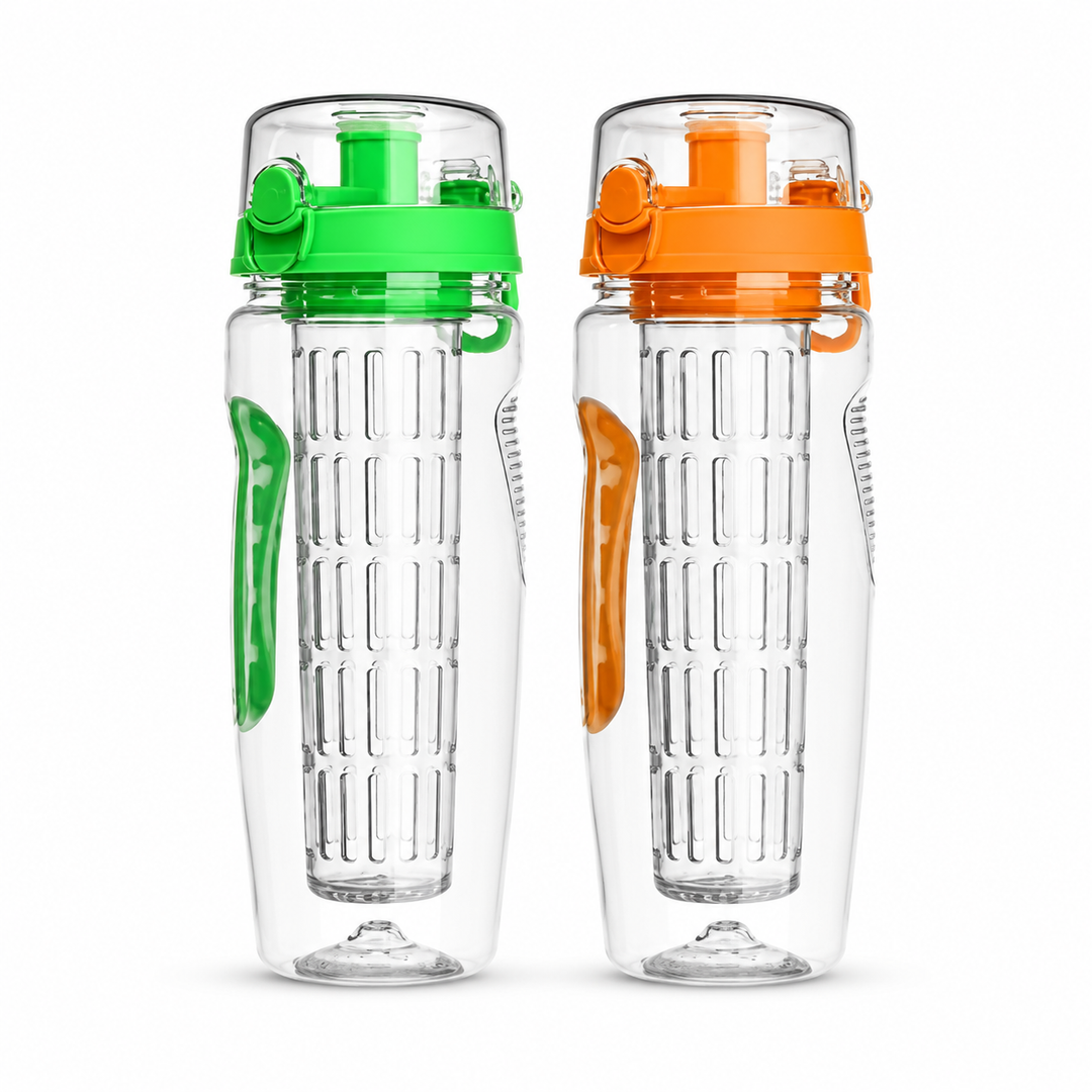 Two clear water bottles with green and orange lids on a white background