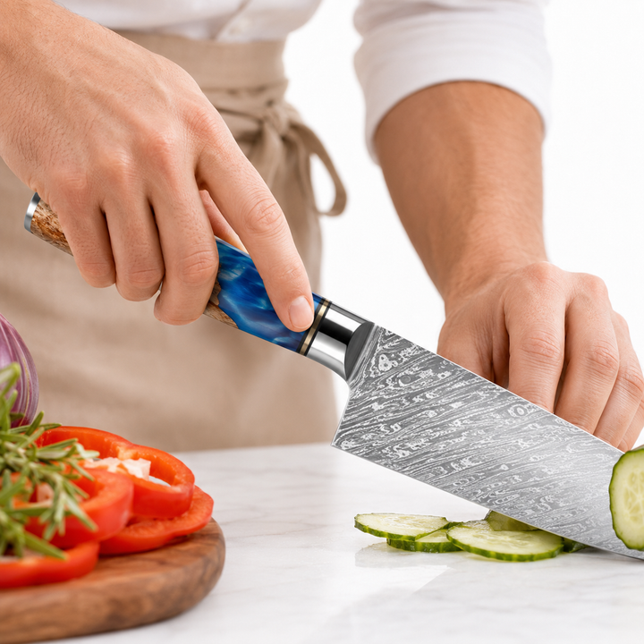Stainless steel knife set close-up showing polished cutting edges