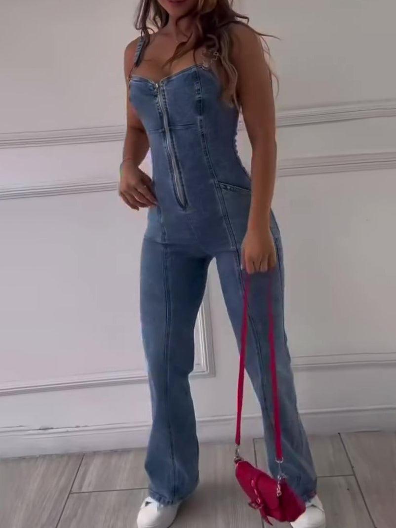 zip front denim jumpsuit vertical line elongating body shape