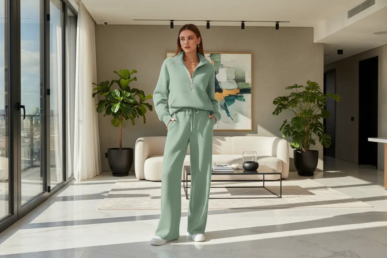 women casual two piece set elastic waist wide leg trousers detail