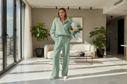 women casual two piece set elastic waist wide leg trousers detail