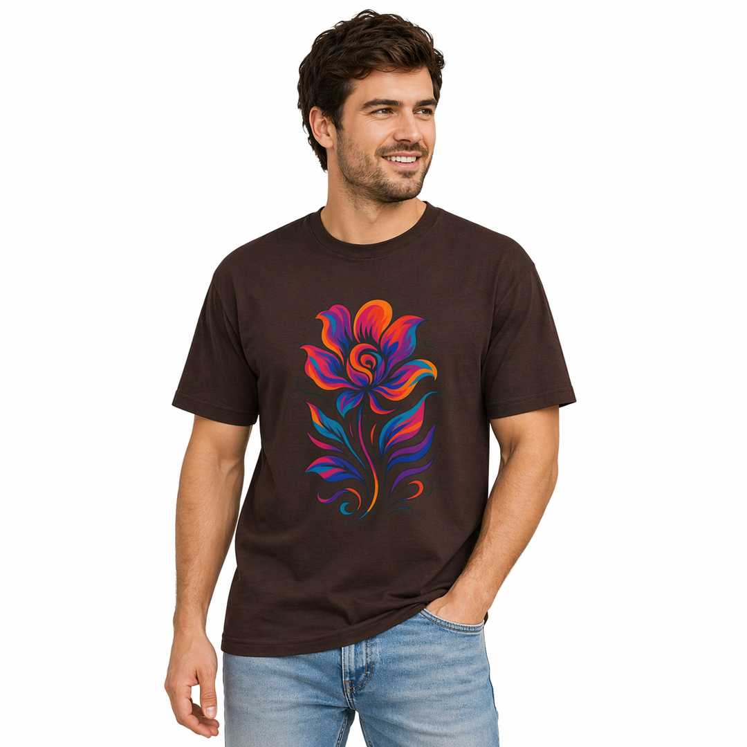 Unisex cotton t-shirt with floral artwork worn under an open lightweight jacket