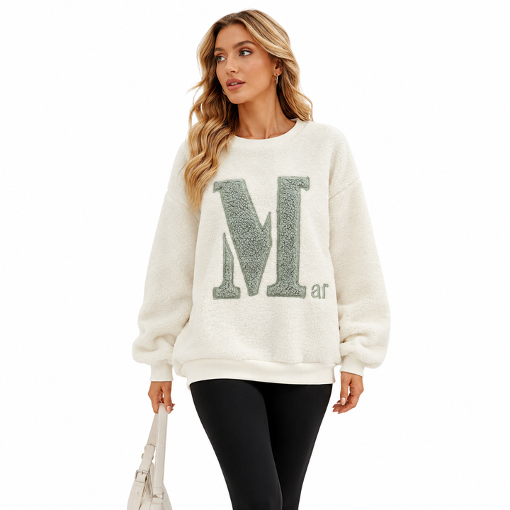 Soft round neck sweatshirt for women with understated letter detail, cozy fleece texture and versatile casual styling now fit