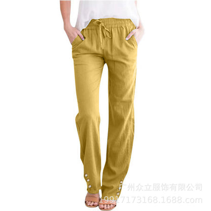 Women’s Cotton Linen Wide-Leg Trousers–Drawstring Pants