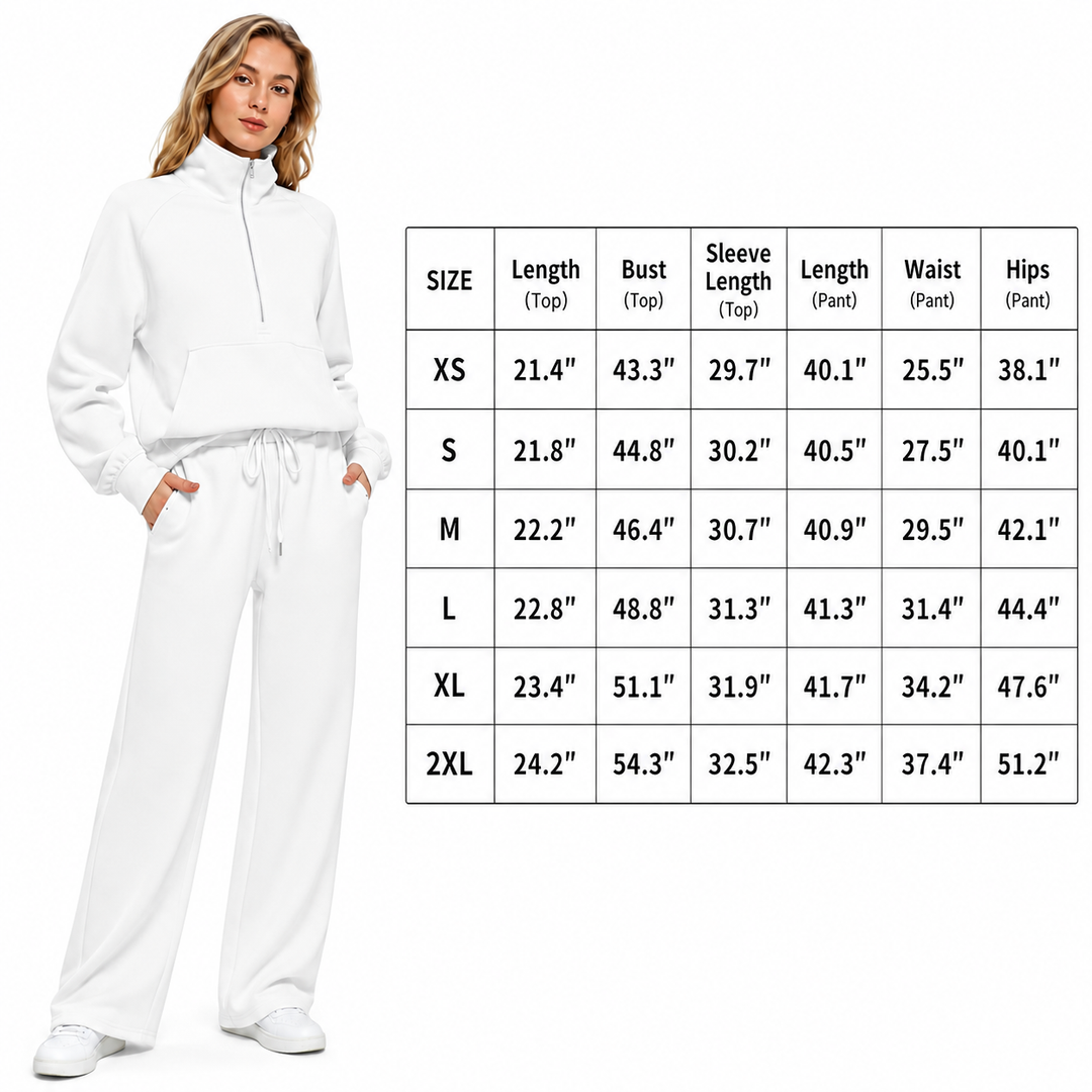 A woman modeling a white zip-front sweatshirt and matching sweatpants next to a size measurement chart showing dimensions for sizes XS through 2XL.
