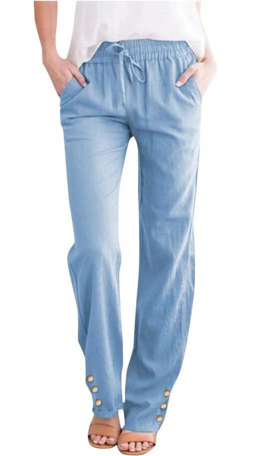Women’s Cotton Linen Wide-Leg Trousers–Drawstring Pants