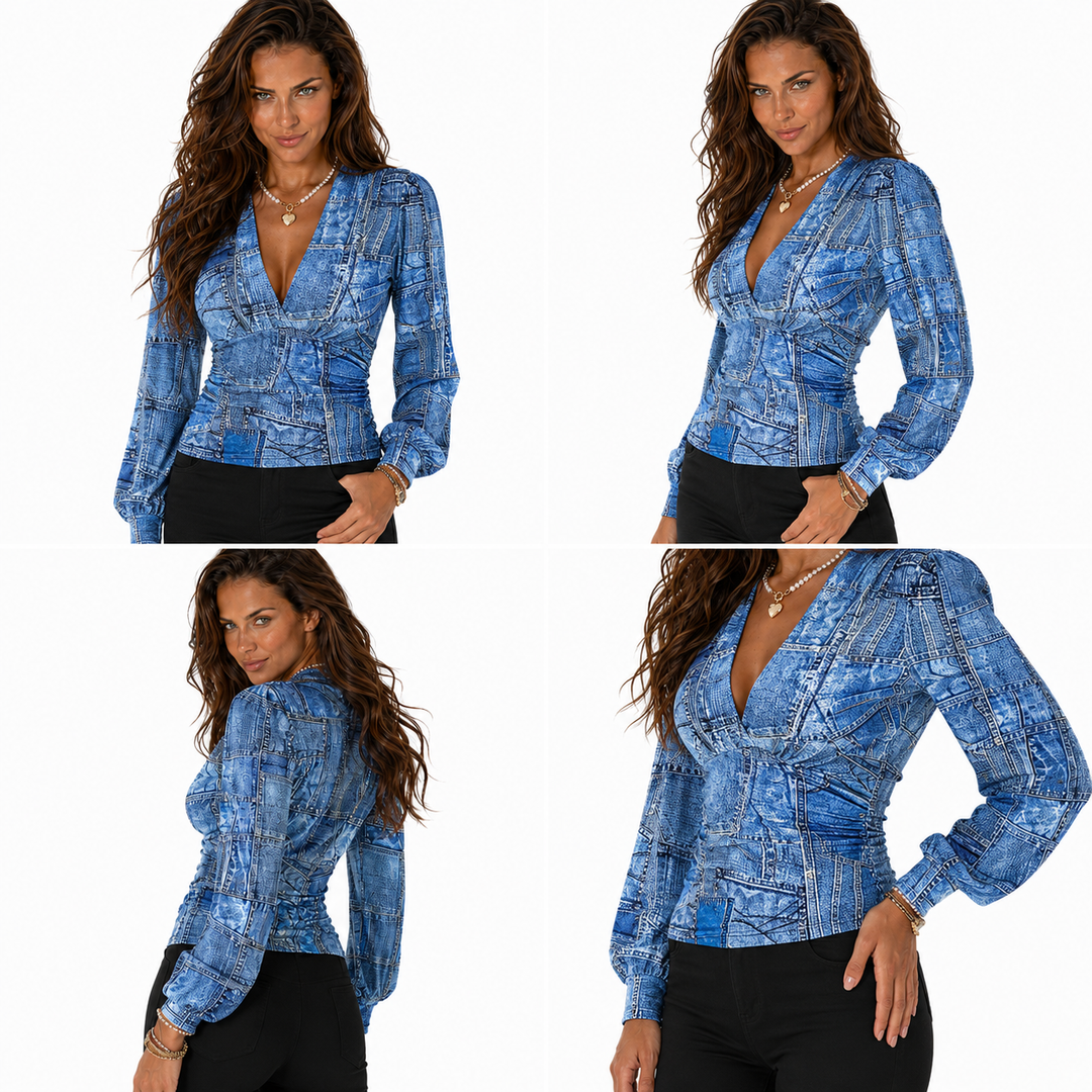 Women printed tops with V-neck detail, long sleeve coverage and geometric design for confident everyday styling now online!!!