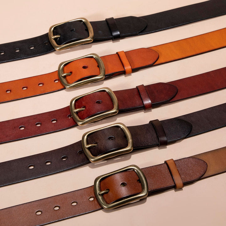 vintage cowhide leather belt with brass pin buckle styled on european man