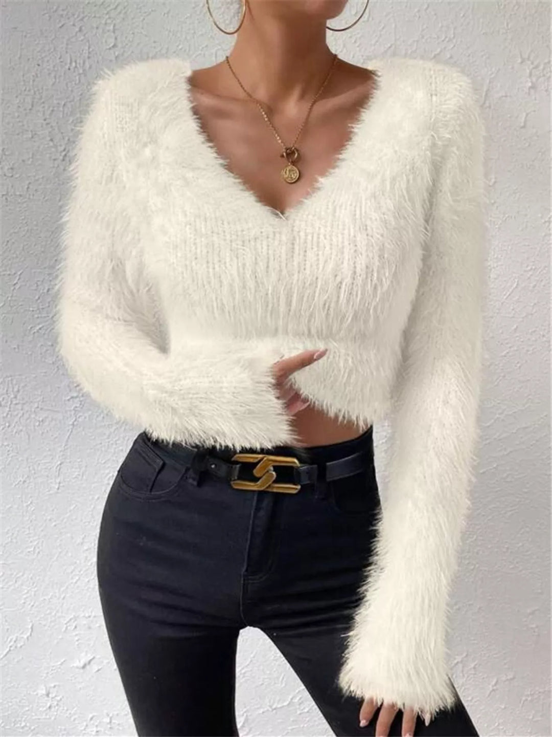 women fluffy knit sweater sleeve detail soft stretch fabric