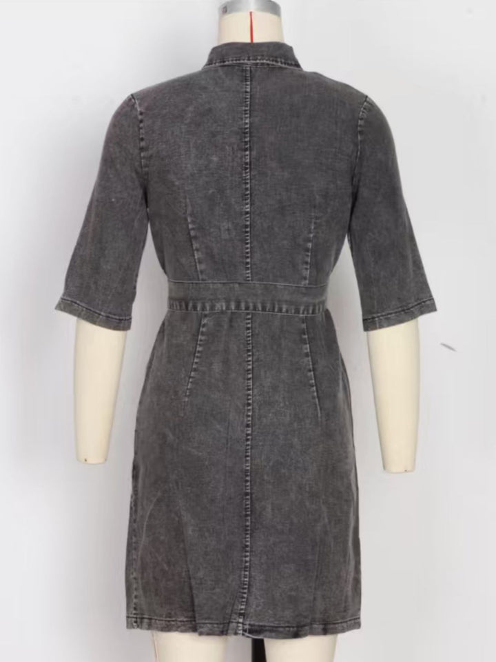 Relaxed fit zipper front denim dress women short sleeve tie waist pockets breathable fabric chic casual look