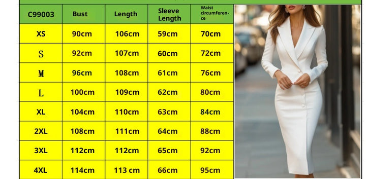 Source C99003 size chart with XS to 4XL measurements in centimeters for bust, dress length, sleeve length and waist on yellow