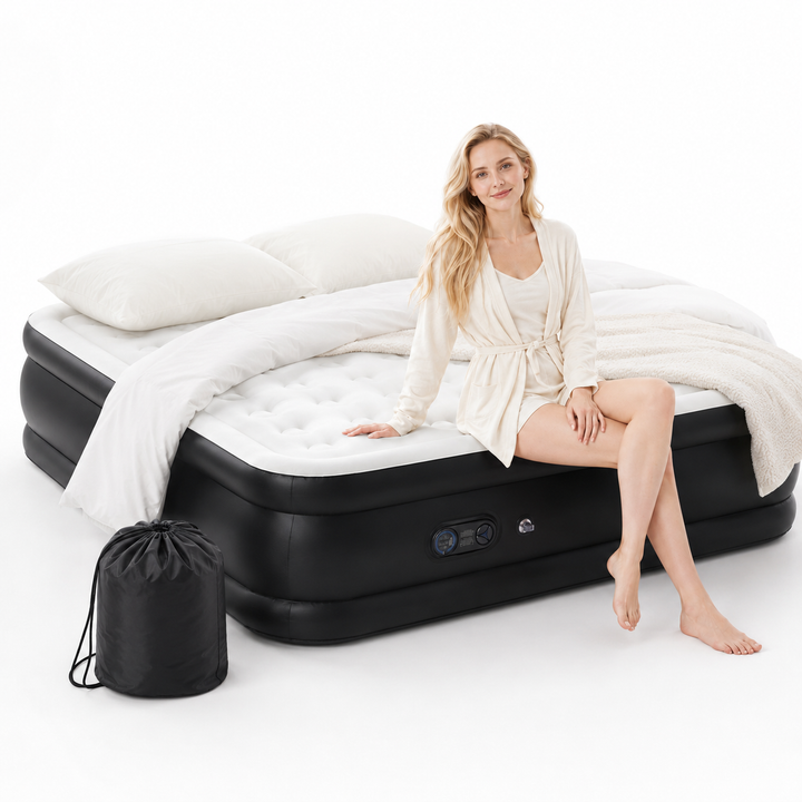 Raised air mattress with non-slip base shown on clean bedroom floor