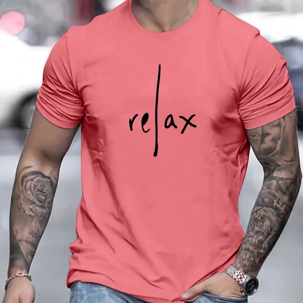 Person wearing a coral t-shirt with &