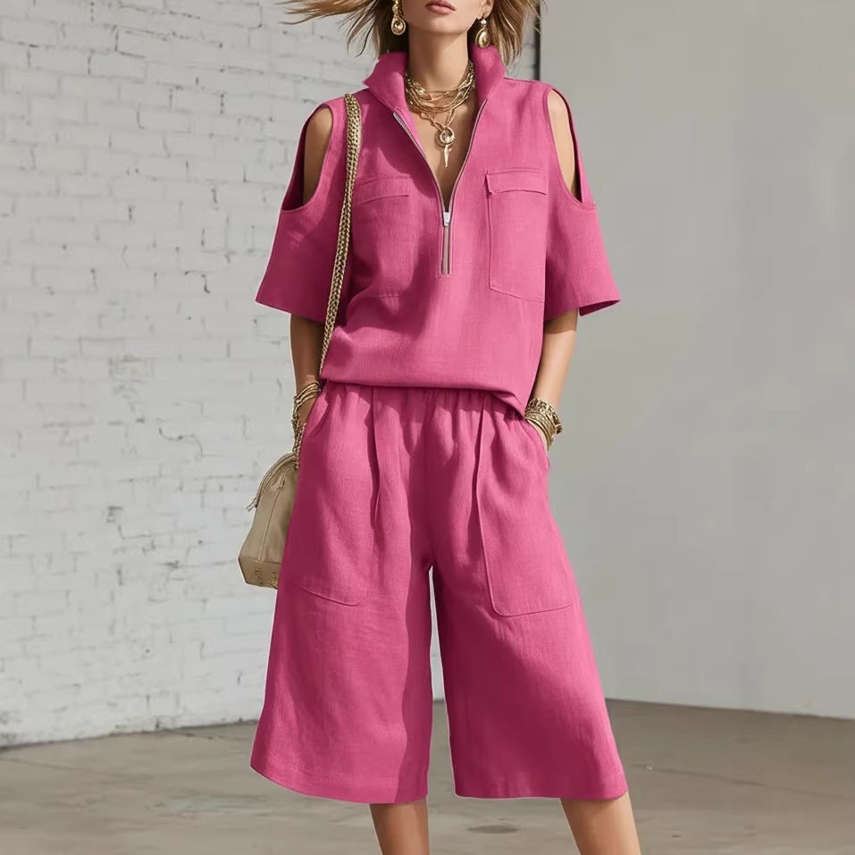 Outdoor shot of the set in soft morning light, accessorized with a straw bag and sunglasses