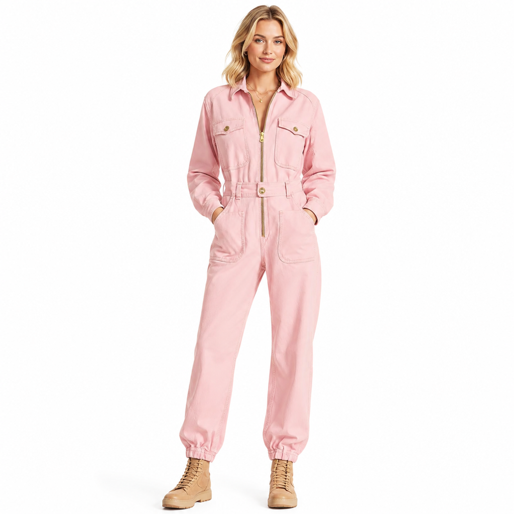 Pink Jumpsuit for Women - Western Retro Zip-Up Jumpsuit