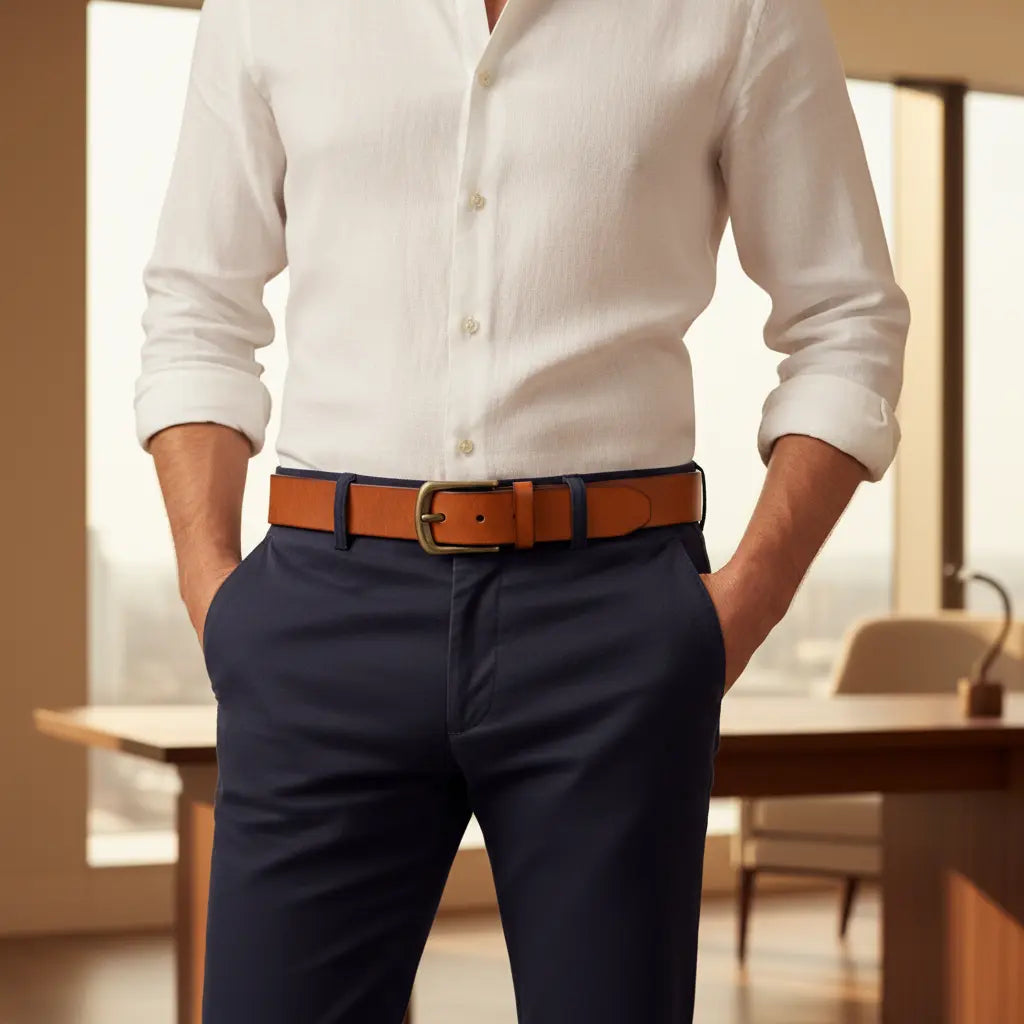 close up cowhide belt edge stitching and brass buckle craftsmanship