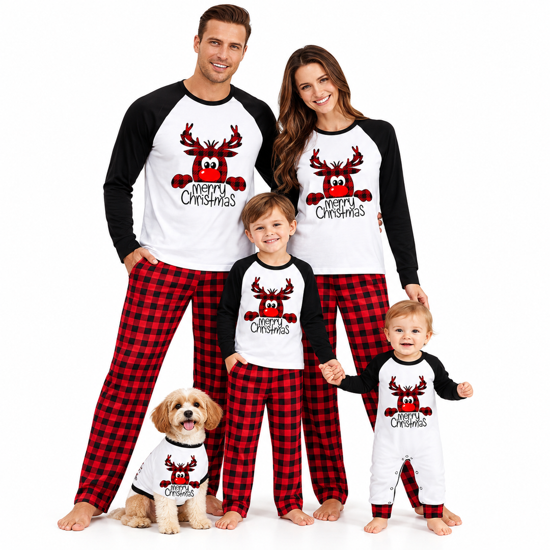 Matching family pajama set shown with holiday reindeer graphics