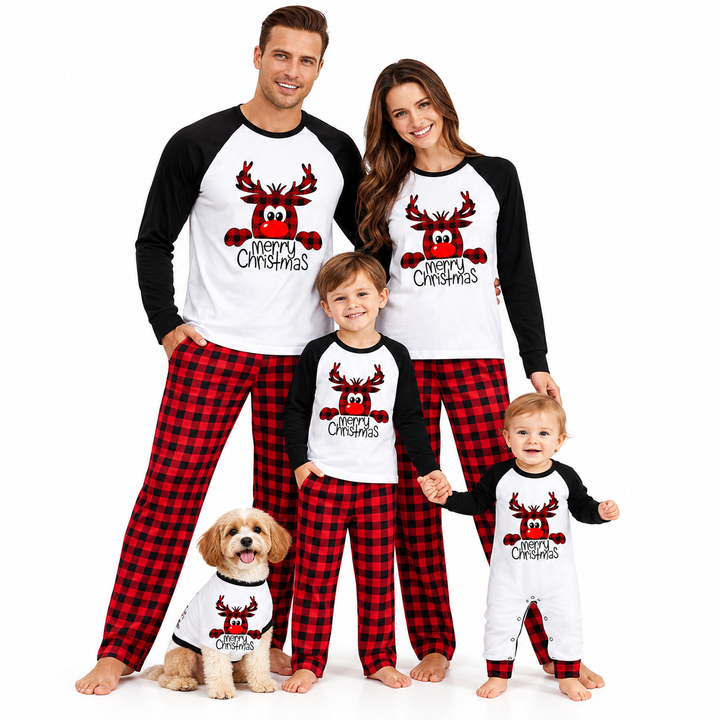 Matching family pajama set shown with holiday reindeer graphics
