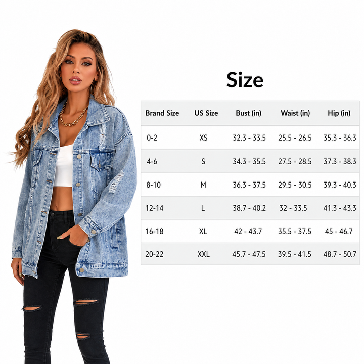 Distressed denim jacket size chart with female model and measurements for XS through XXL