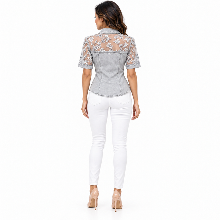 Grey faux-denim shirt full-body back view