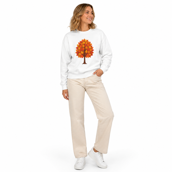Fall sweatshirt with vibrant autumn tree graphic, relaxed unisex crewneck fit and cozy fleece look on clean white background.