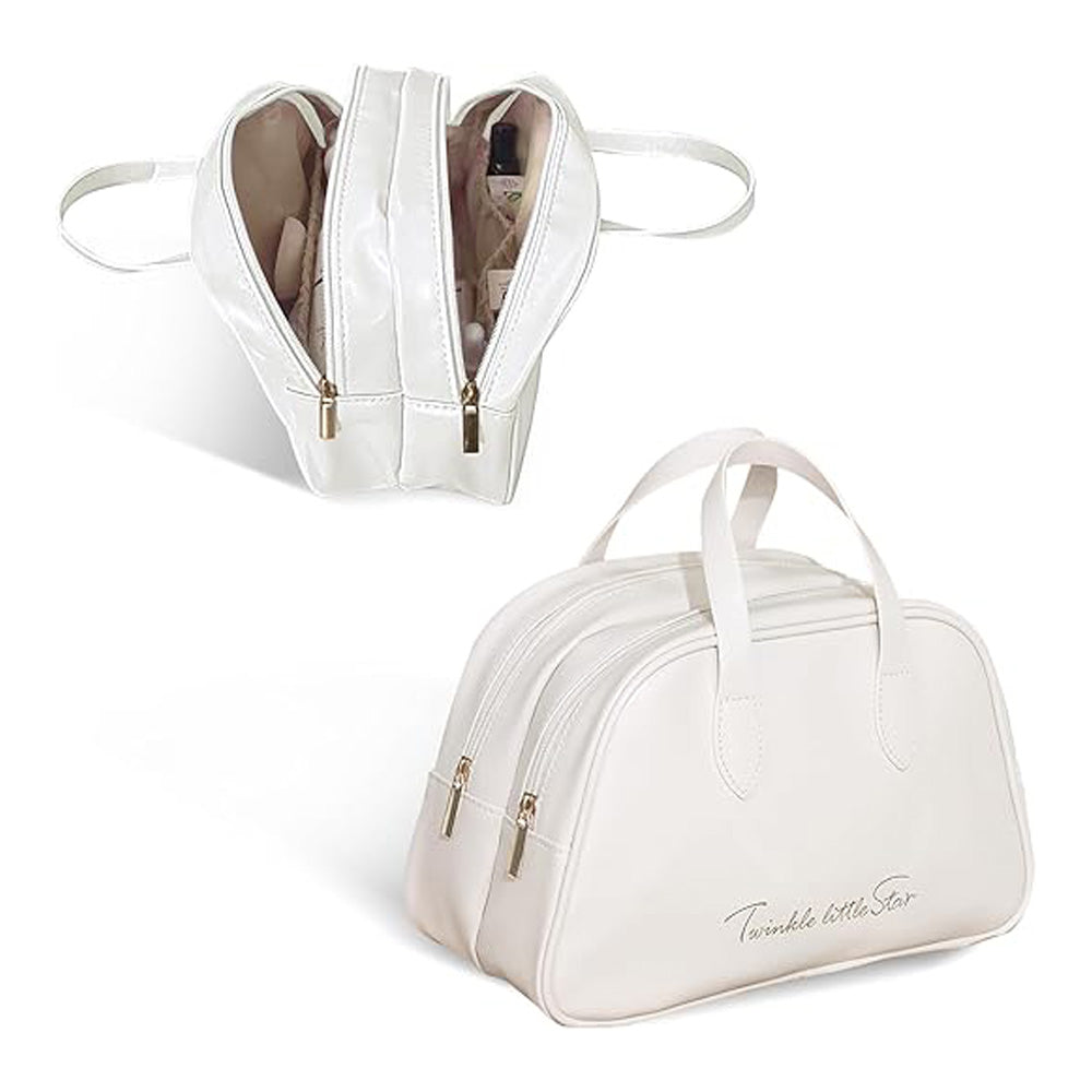 Cosmetic organizer product view showing PU leather exterior and portable handle, displayed clearly for product detail online.