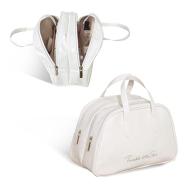 Cosmetic organizer product view showing PU leather exterior and portable handle, displayed clearly for product detail online.