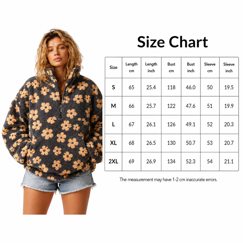 Floral sherpa pullover for women with the half-zip neckline, roomy kangaroo pocket, loose shape and cozy cuffed long sleeves.
