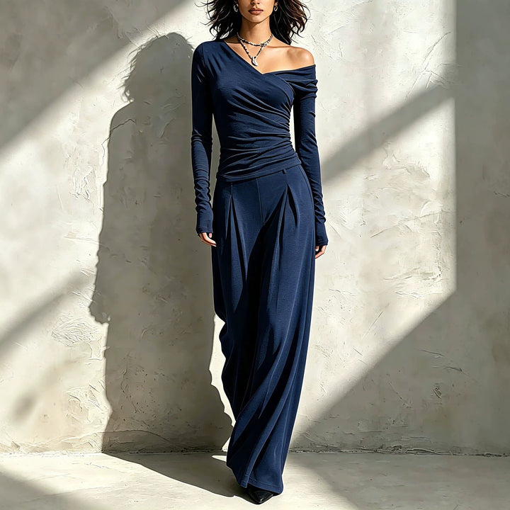 Off shoulder two piece pants set for women with long sleeve top, high waist wide leg pants and minimalist solid color styling