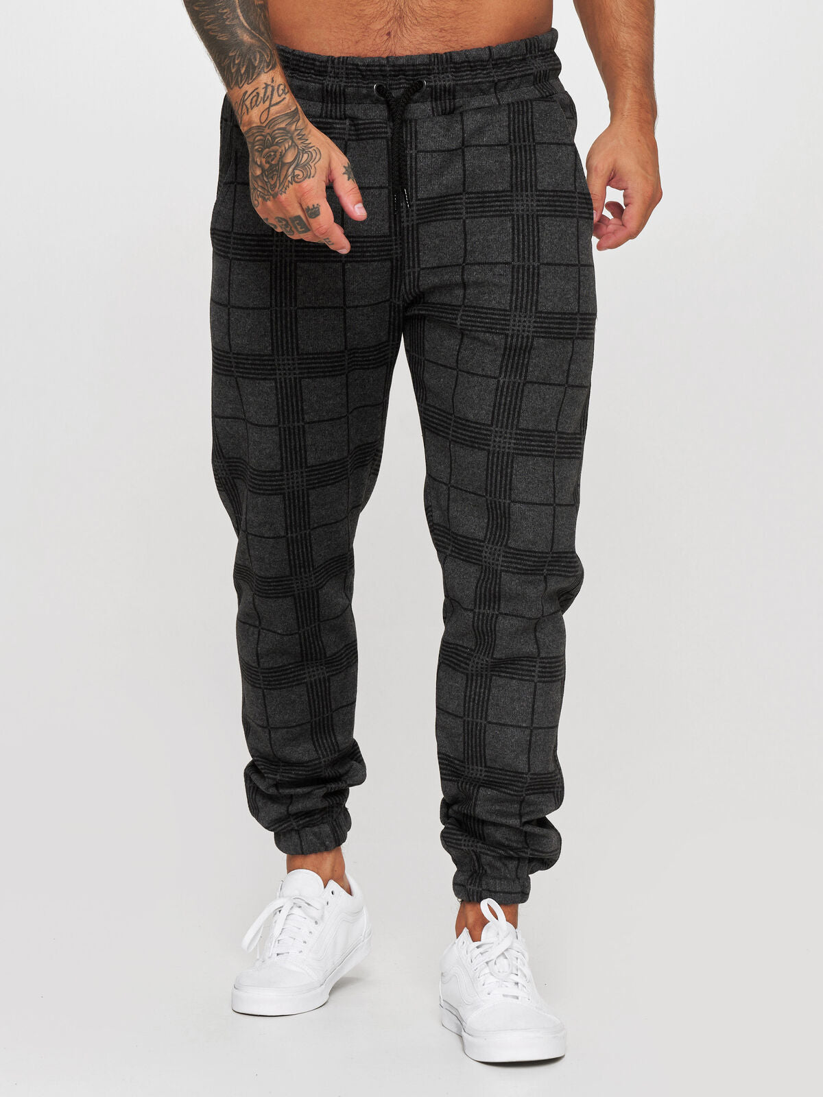men's checkered pants mid-waist tapered trousers in light grey with crisp plaid print for office casual styling
