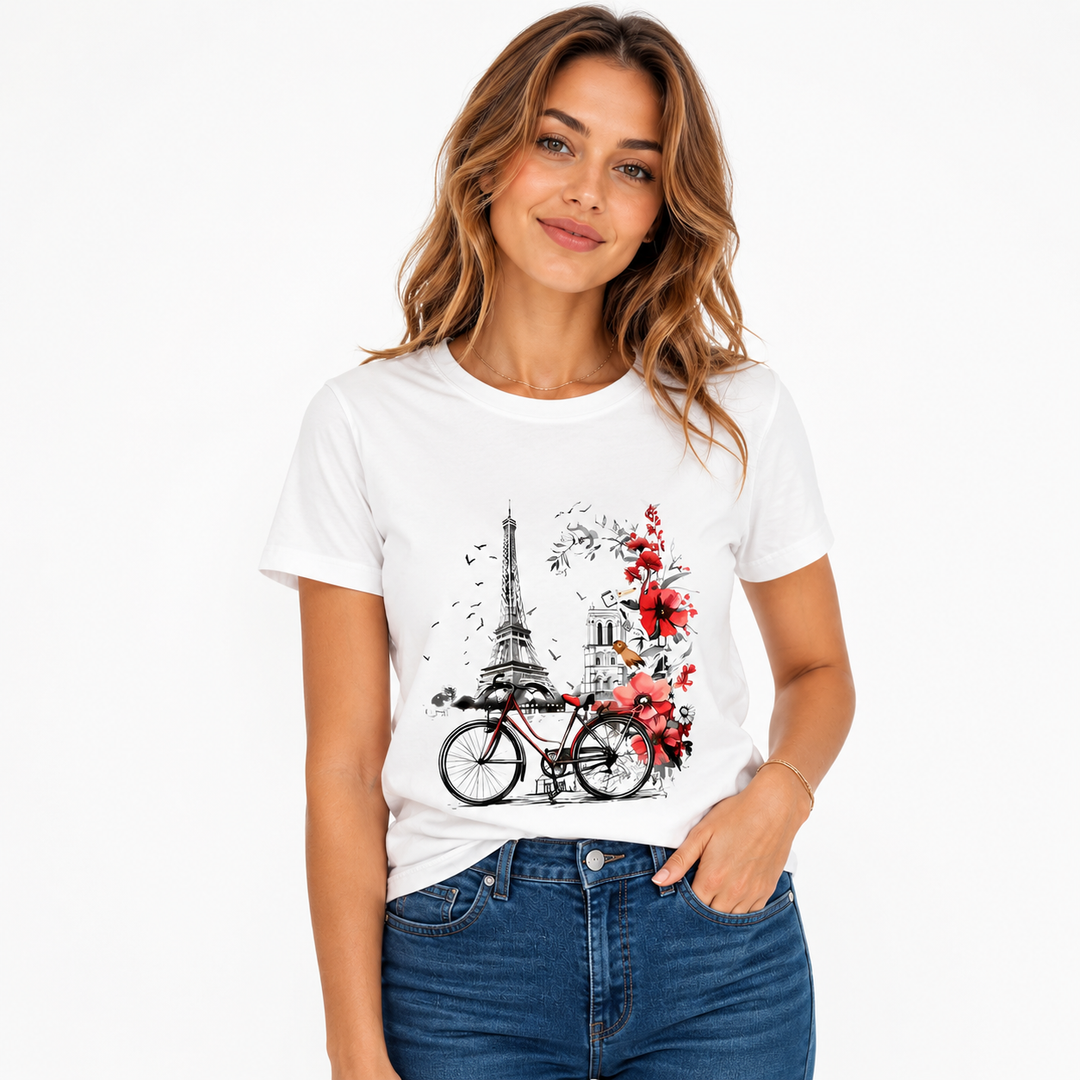 Paris t shirt women with Bonjour graphic styled for denim outfits, coffee walks, travel photos, and soft casual city look tee
