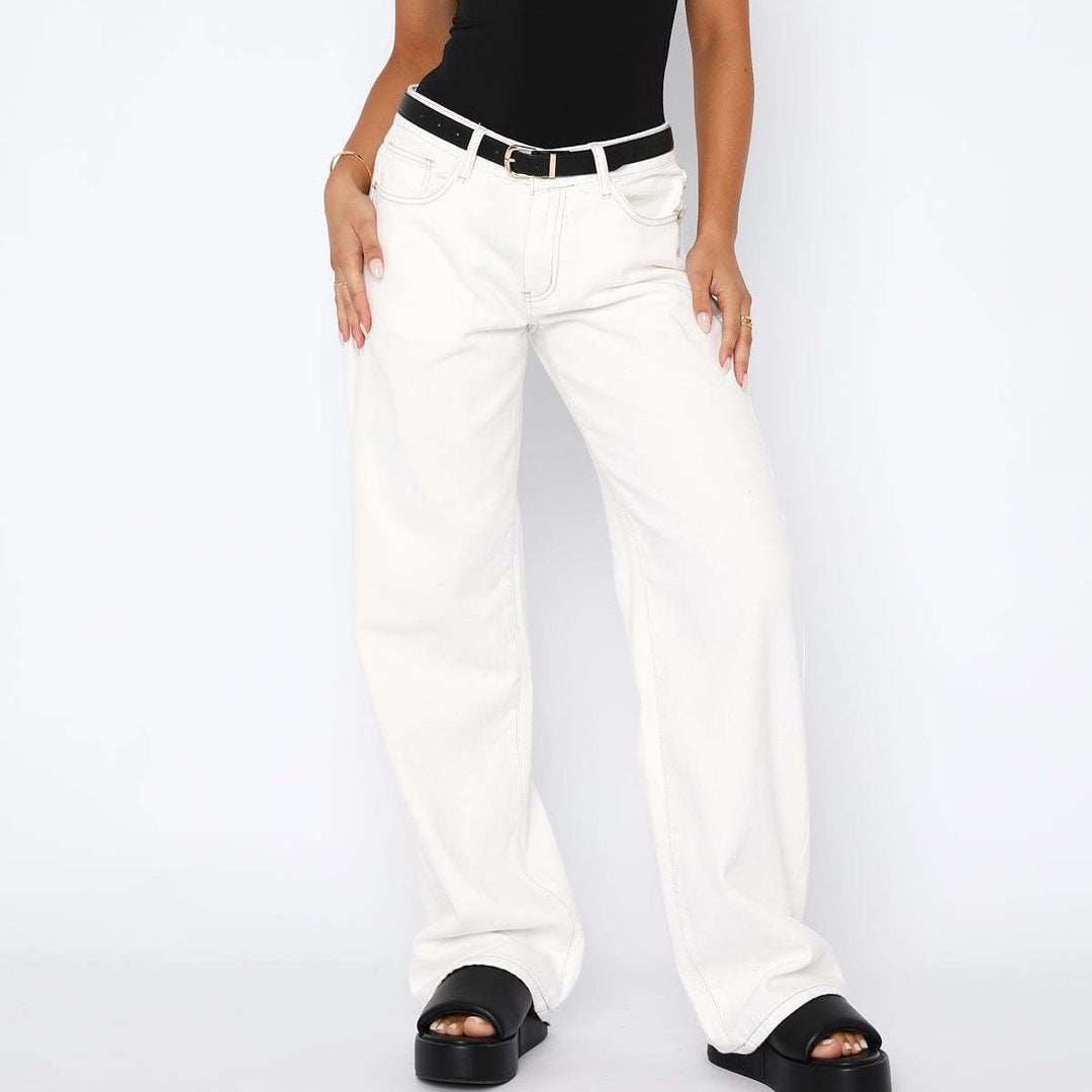 high waist jeans women side angle showing extended mopping length